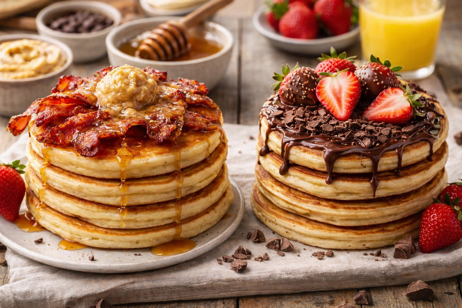 Fluffy American Pancakes with Honey & Cinnamon Butter or Chocolate Butter