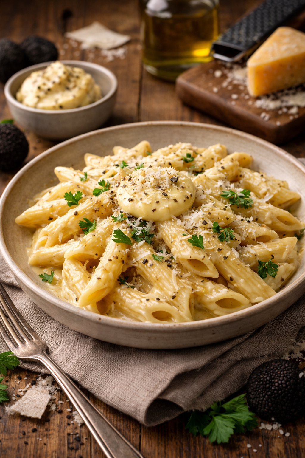Serving suggestion: penne pasta with truffle butter, grated cheese and herbs.