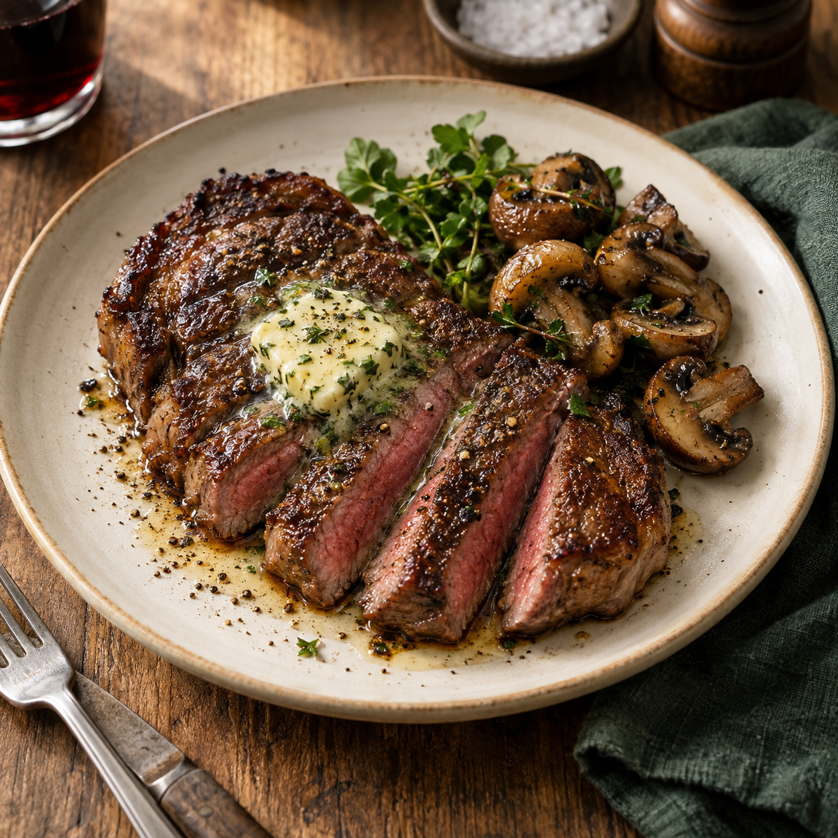 Serving suggestion: steak with melting herb butter and mushrooms.