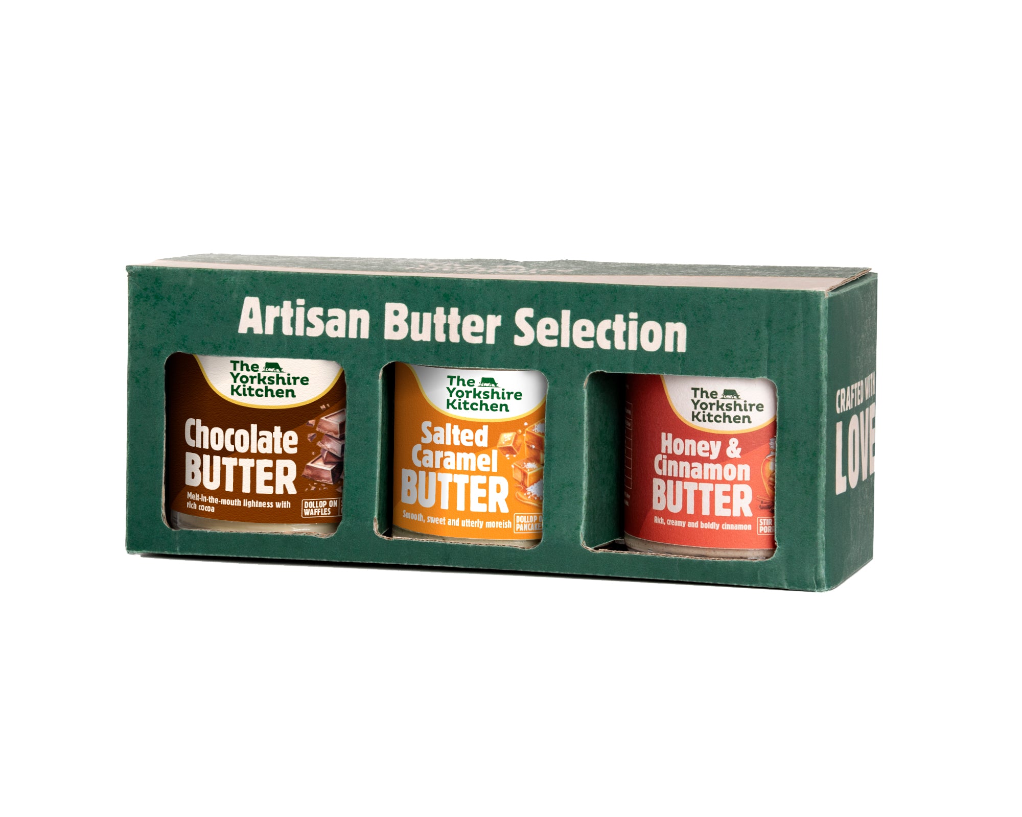 Food gift box with 3 sweet butters of your choice in a branded gift pack that states artisan butter selection and crafted with love.