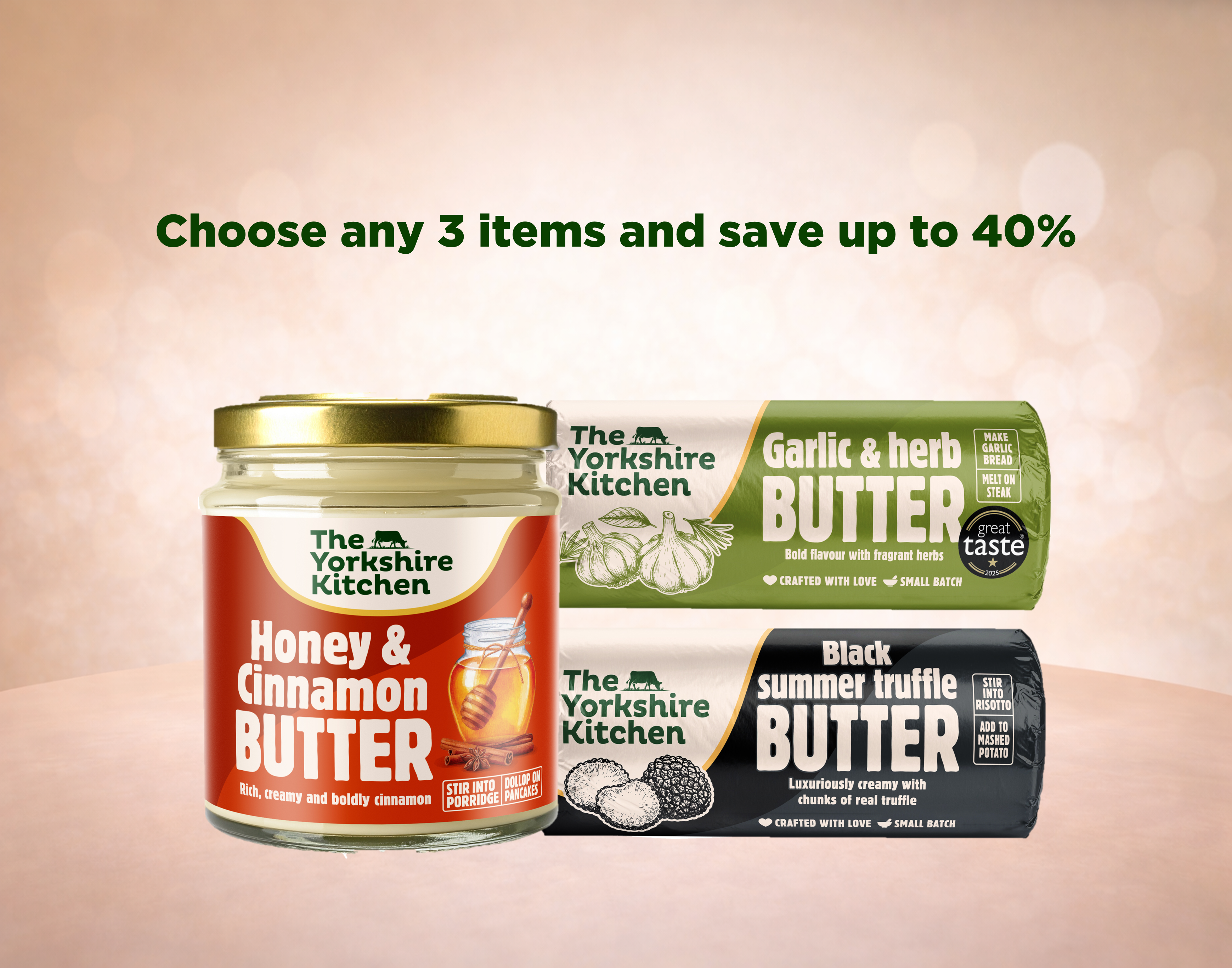 Artisan flavoured butters from The Yorkshire Kitchen – honey and cinnamon butter jar with truffle butter and garlic herb butter rolls, choose any 3 items and save up to 40%.