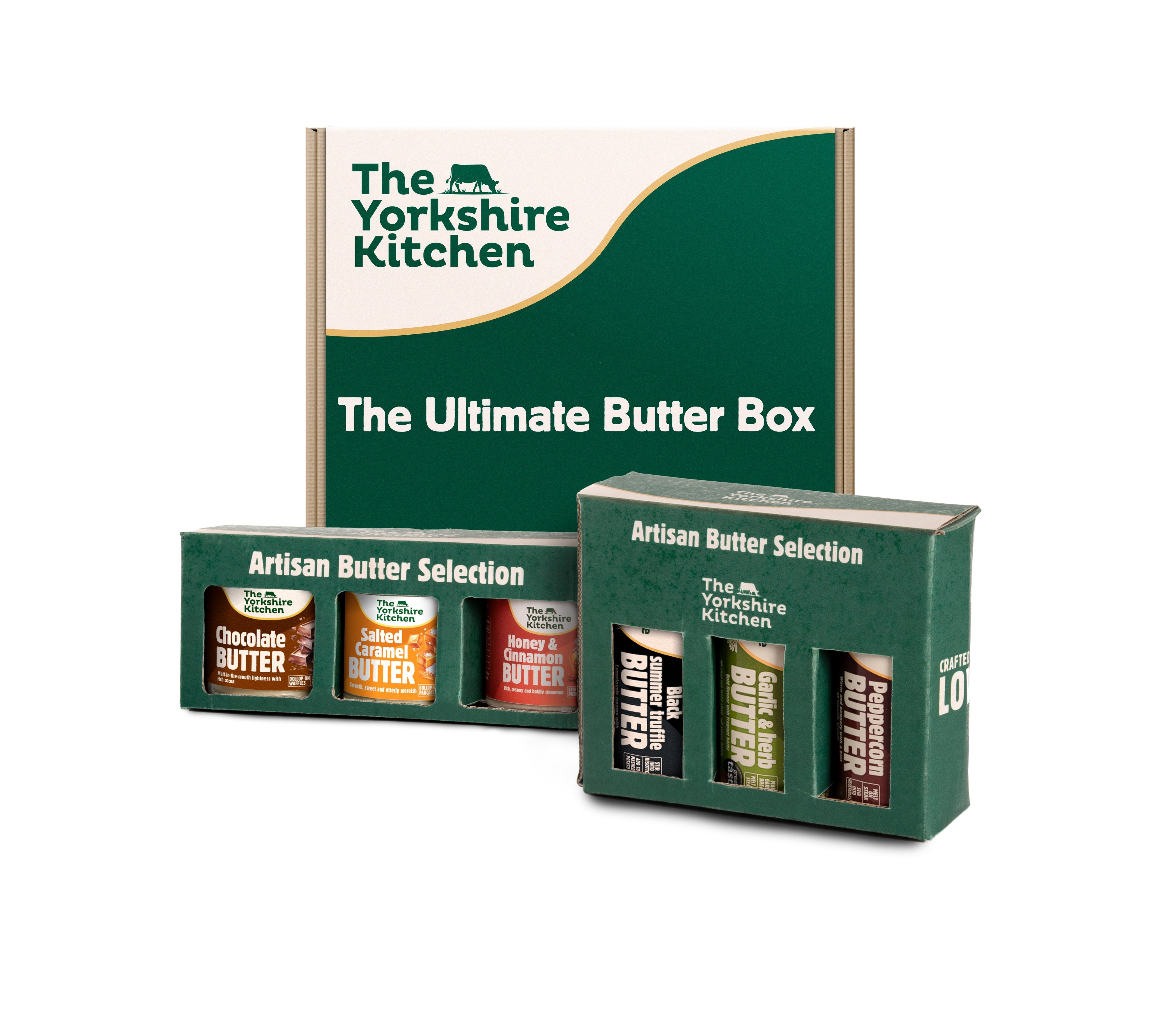 Gift box packaging for ‘The Yorkshire Kitchen – The Ultimate Butter Box.’ The green and cream box features the brand name at the top and includes an ‘Artisan Butter Selection’ with small jars in assorted flavours such as Chocolate Butter, Salted Caramel Butter, and Honey Cinnamon Butter displayed in a windowed box.