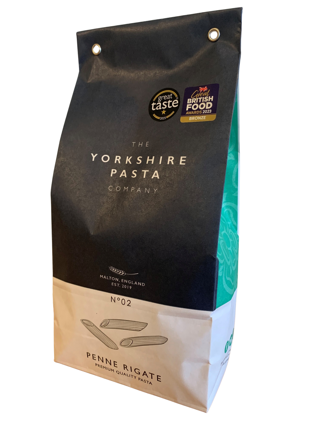 500g bag of Yorkshire Pasta Penne Rigate, bronze-drawn artisan pasta in recyclable packaging
